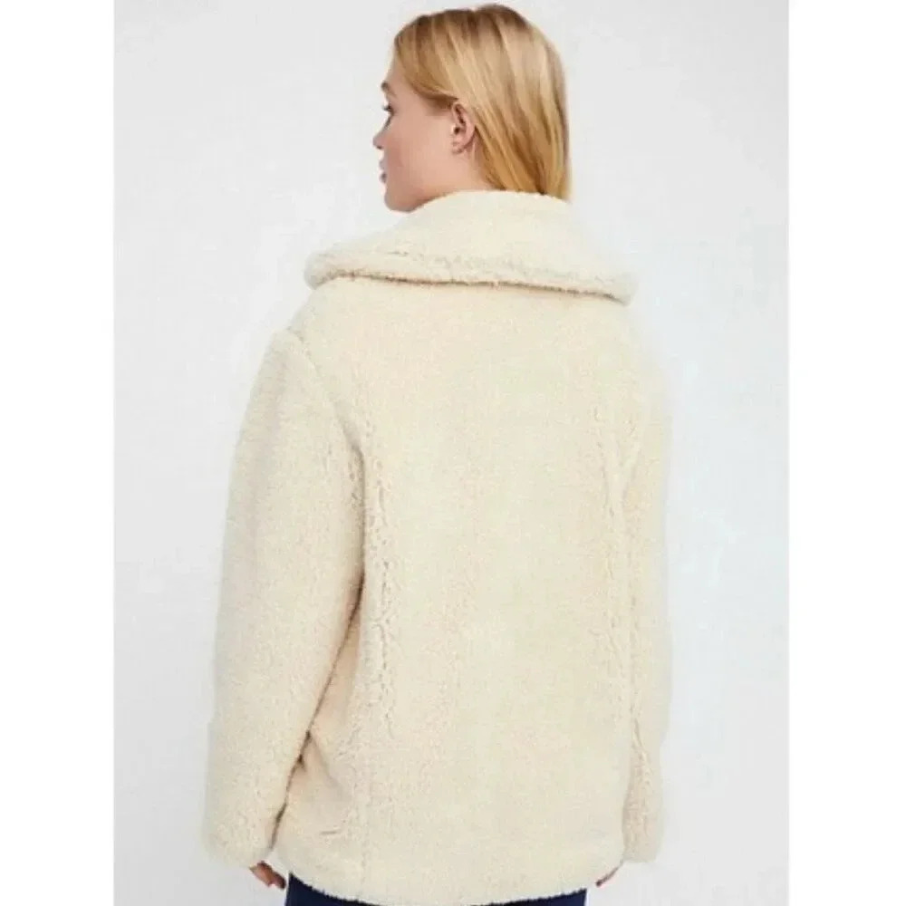 FREE PEOPLE | Teddy Double Breasted Pea Coat Sherpa  Ivory Oversized | Medium - Picture 3 of 10